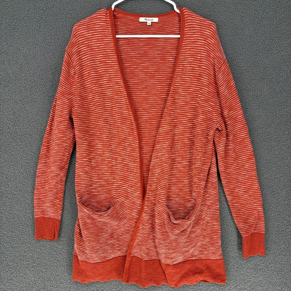 Madewell Womens Small Rust Orange White Striped Open Front Cardigan Pocket Knit